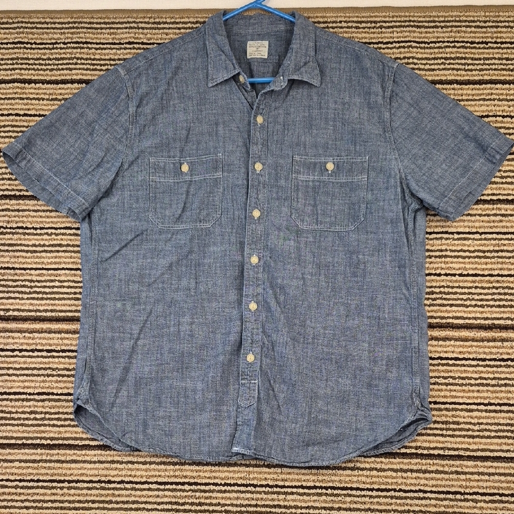 J CREW Recent Chambray Denim Grey Blue Mens XL Short‎ Sleeve Button Up Shirt